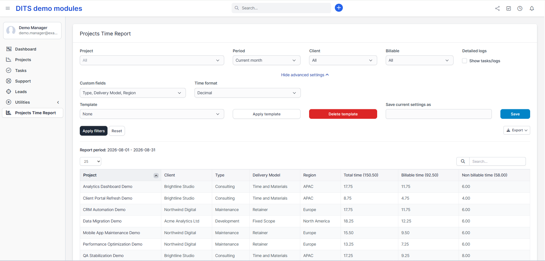 Projects Time Report interface showing expanded filter settings, custom field options, and a multi-project time summary table.