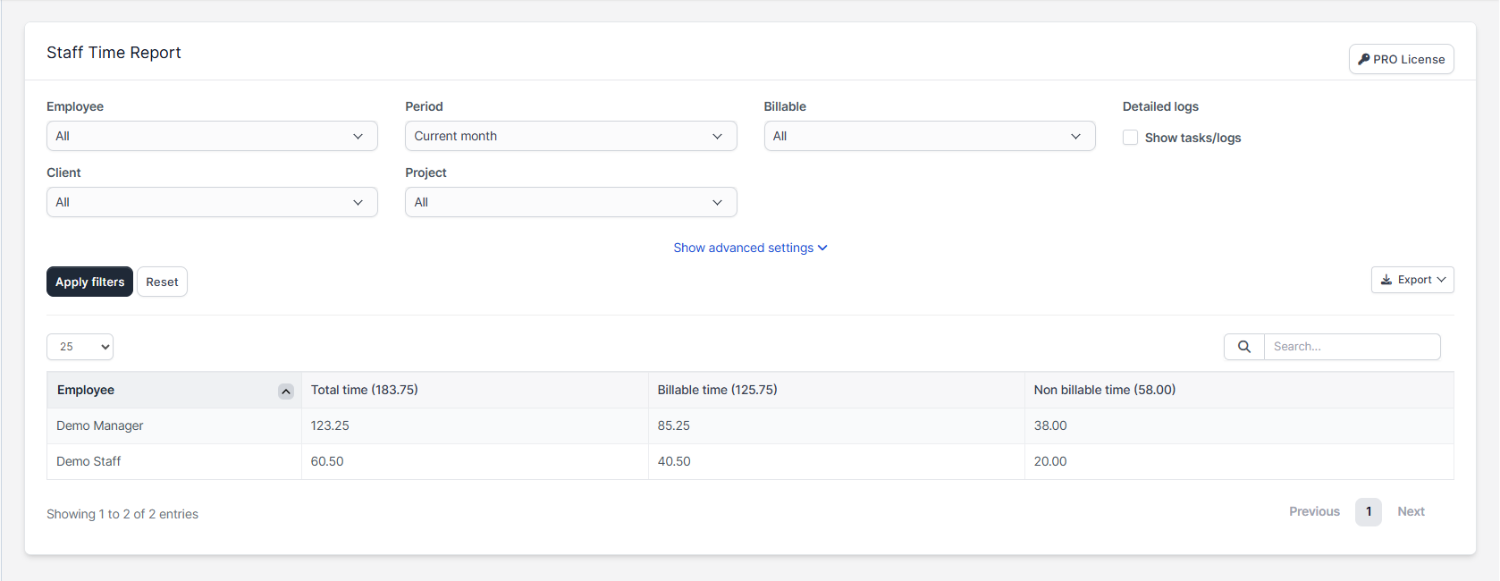 Main Staff Time Report page with filters and summary table