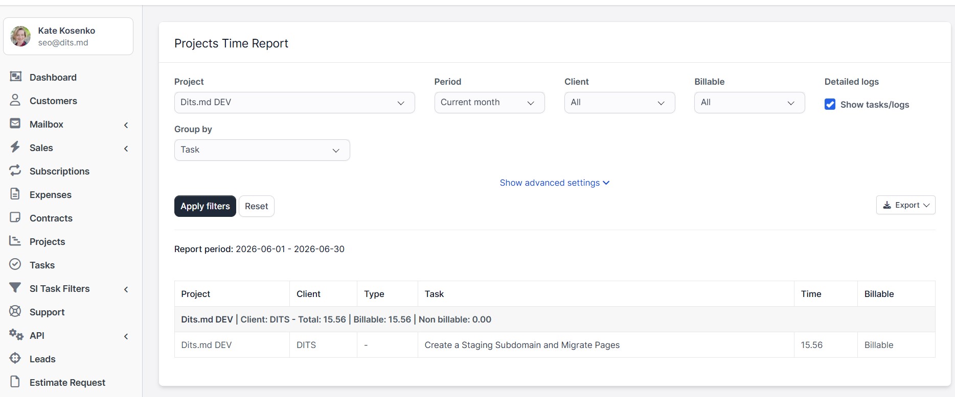 Projects Time Report interface with hours grouped by task, displaying detailed task-level logs for a selected project.