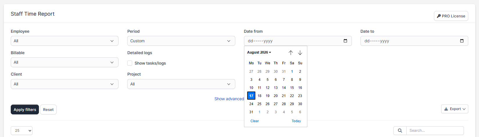 Perfex Staff Time Report interface showing custom date range selection via interactive date picker.