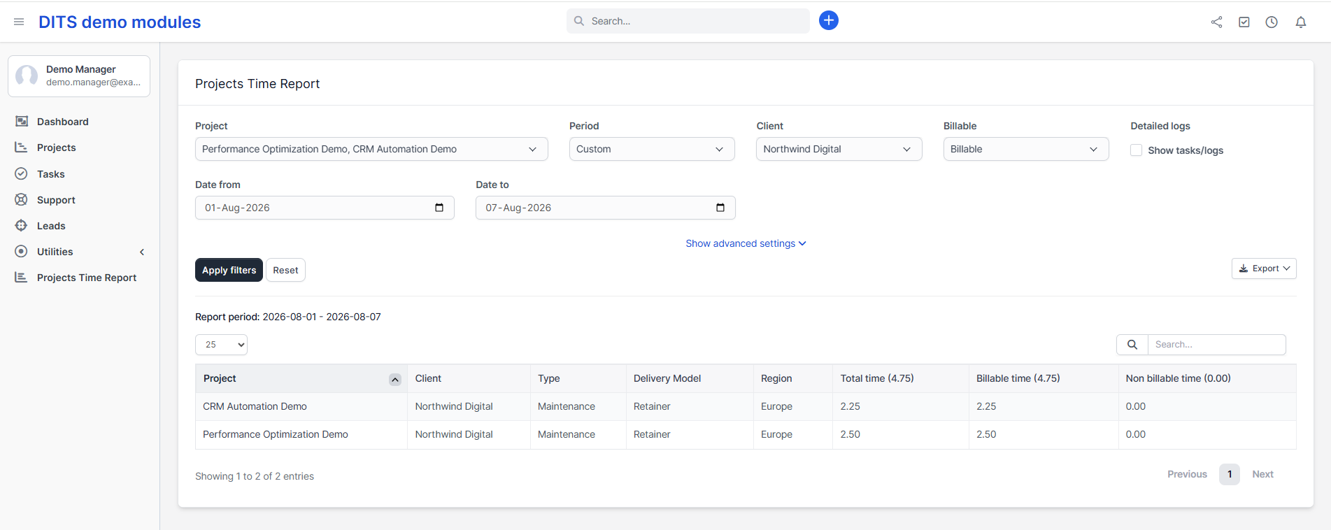 Projects Time Report interface showing time tracking data filtered by a custom date range.