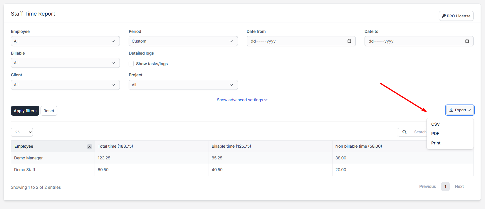 Staff Time Report interface displaying the Export dropdown menu with options for CSV, PDF, and Print formats.