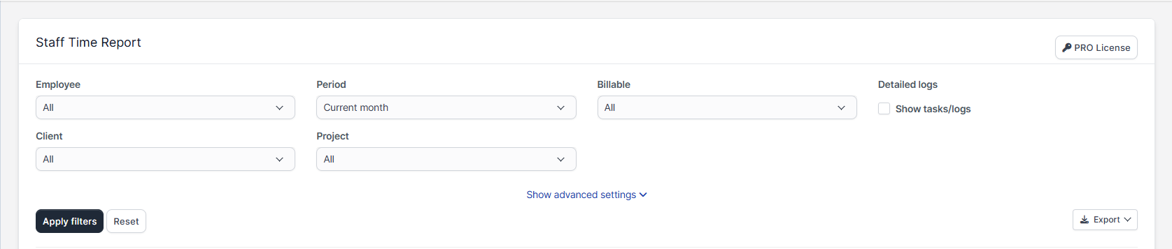 Staff Time Report filtering panel displaying options for employee, period, project, and billable status parameters.