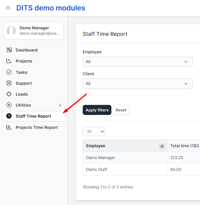 Perfex CRM sidebar navigation menu highlighting the access point for the Staff Time Report module.