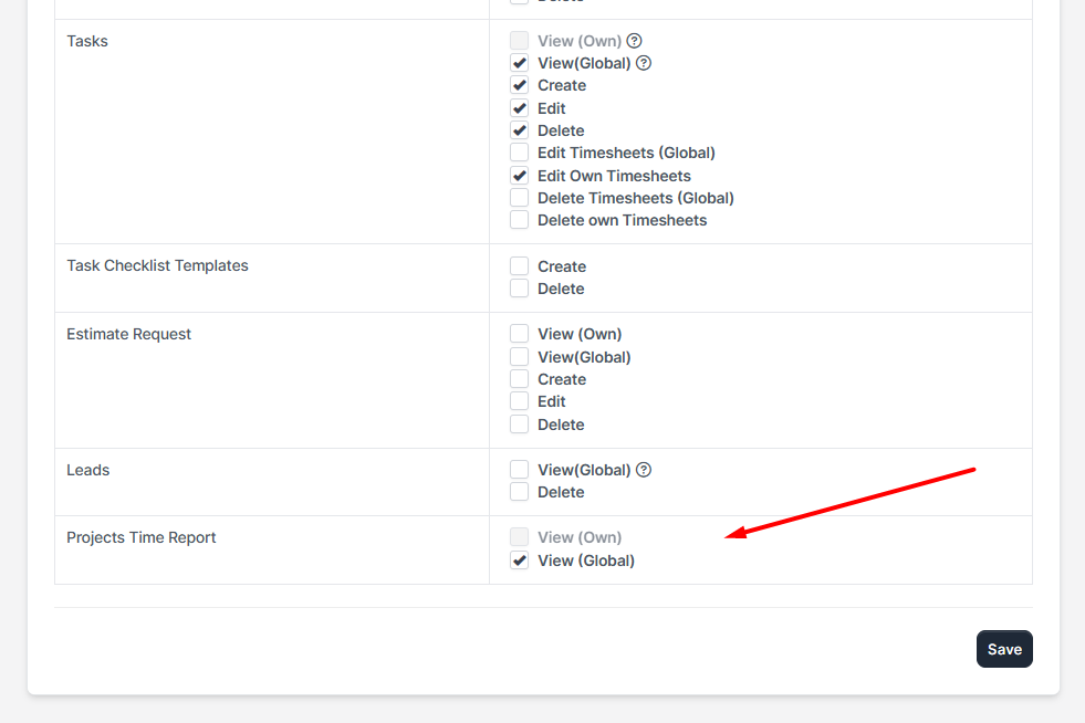 Role permissions interface highlighting access control settings for the Projects Time Report module.
