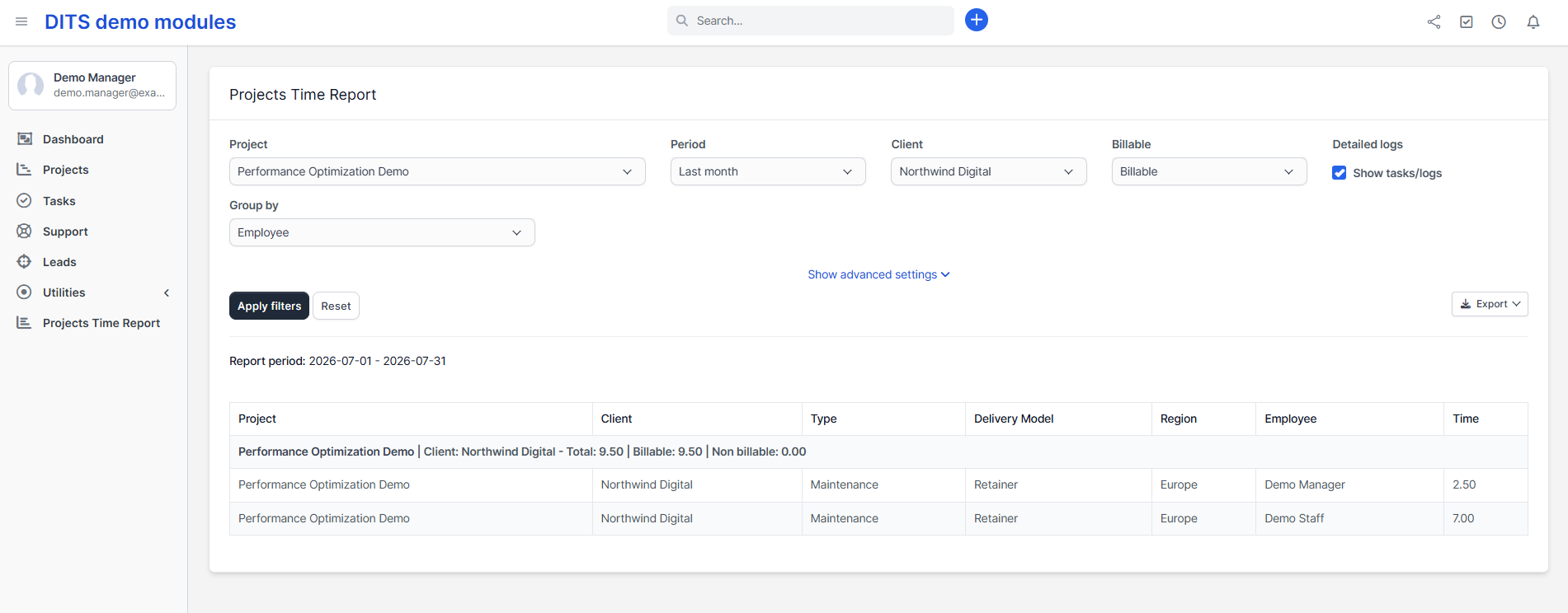 Projects Time Report interface showing filtered billable hours grouped by employee.